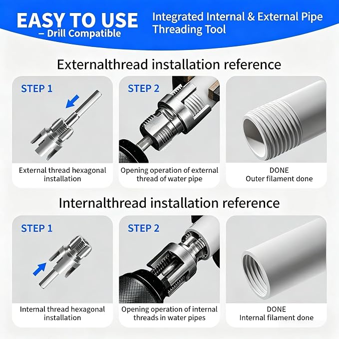 PVC Pipe Threader 2Pcs 1/2" 3/4" - Internal & External Threading Tool Set for Drill（Mix 1/2 + 3/4)