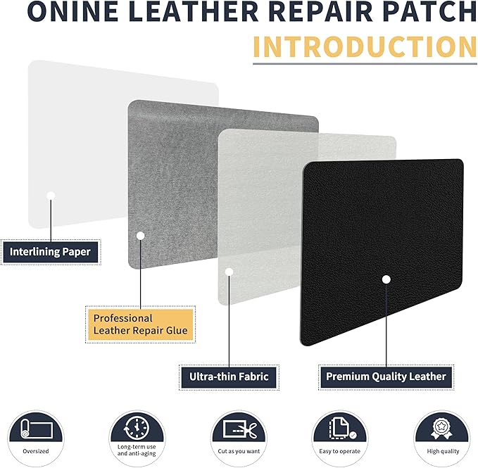 ONine Leather Repair Patch，Leather Repair Tape, 8 x 48 inches Leather Repair Patch for Furniture,Vinyl Repair kit，Leather Couch Patch，for Sofas, Furniture, car Seats(Black-Fine Grain)