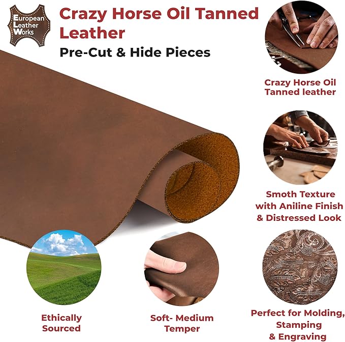 ELW Crazy Horse Leather 5-6 OZ (2-2.4mm) | Bourbon Brown | Pre-Cut 12"x12" 2 PCS | Full Grain Cowhide Handmade Leather for DIY, Crafts, Sheaths, Sewing, Workshop