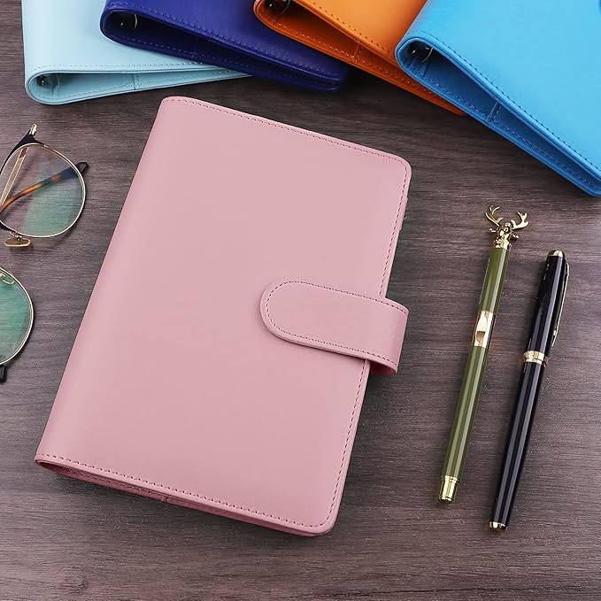 Antner A6 PU Leather Notebook Binder 6 Ring Refillable Budget Binder Cover for A6 Refill Paper, Loose Leaf Personal Planner Organizer with Magnetic Buckle for School, Office, Travel & Photocard, Pink