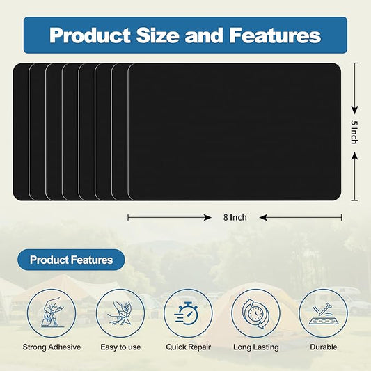 KING MOUNTAIN Self Adhesive Nylon Fabric Repair Patch, 5×8 Inches 8 Pcs, Quick Down Jacket Repair Patch, Waterproof Outdoor Gear Patch Kit for Tent,Backpacks,Umbrella, Gloves, Sleeping Bag (Black)