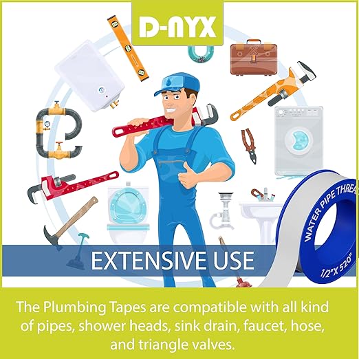 D-NYX 4 Rolls 1/2 Inch(W) X 520 Inches(L) Teflon Plumbers Tape, Duct Sealant Tape for Shower Head, Plumbing Thread Tap, Water Pipe Sealing Plumbers PTFE Thread Seal (5 Pack)