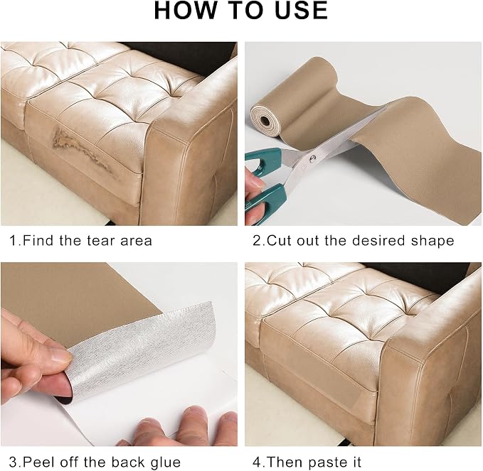 YAFLC Leather Repair Patch for Furniture, 4" x 63" Self Adhesive Leather Repair Kit Vinyl Repair Tape for Car Seat Sofa Jackets Couches Chair Medium Beige