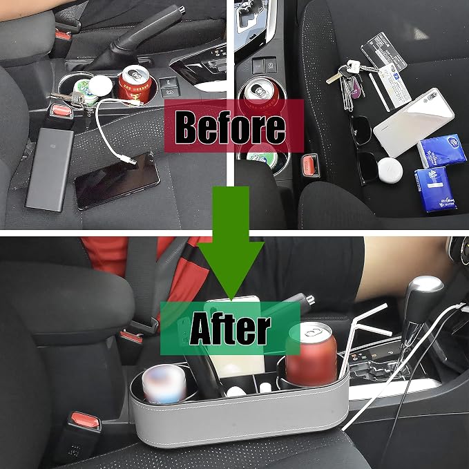 iokone Coin Side Pocket Console Side Pocket Leather Cover Car Cup Holder Auto Front Seat Organizer Cell Mobile Phone Holder (Slim-Gray)