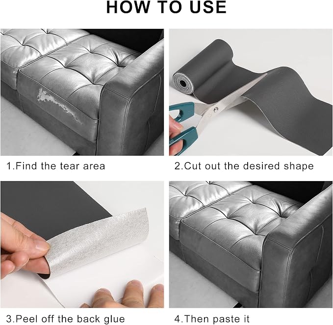YAFLC Leather Repair Patch for Furniture, 4" x 63" Self Adhesive Leather Repair Kit Vinyl Repair Tape for Car Seat Sofa Jackets Couches Chair Dark Grey