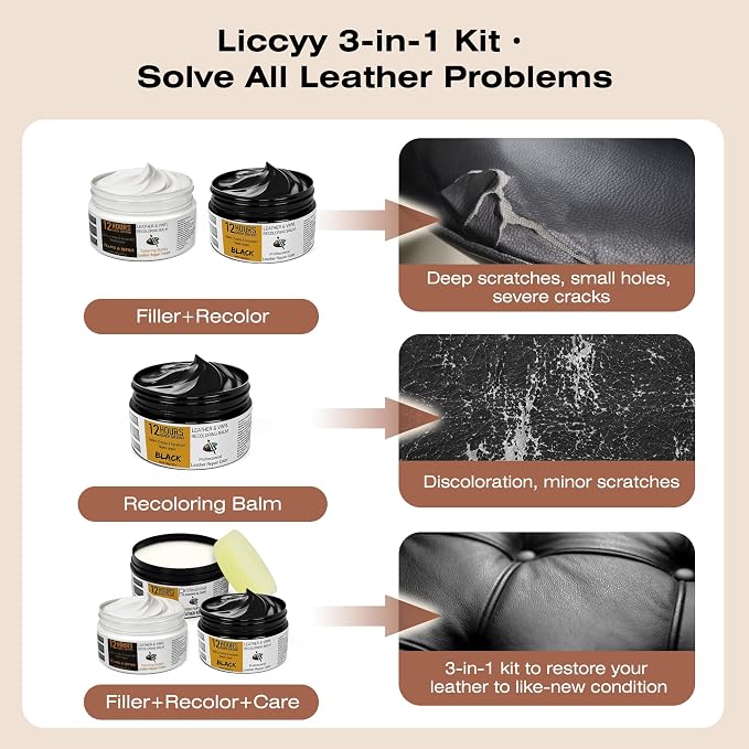 12H Quick-Dry Leather Repair Kit with 3.53Oz Leather Recoloring Balm, Filler & 4.23Oz Conditioner & Cleaner, 3-in-1 Vinyl Repair Set for Couch, Car Seat, Jacket, Shoes, Faux Leather, Brown