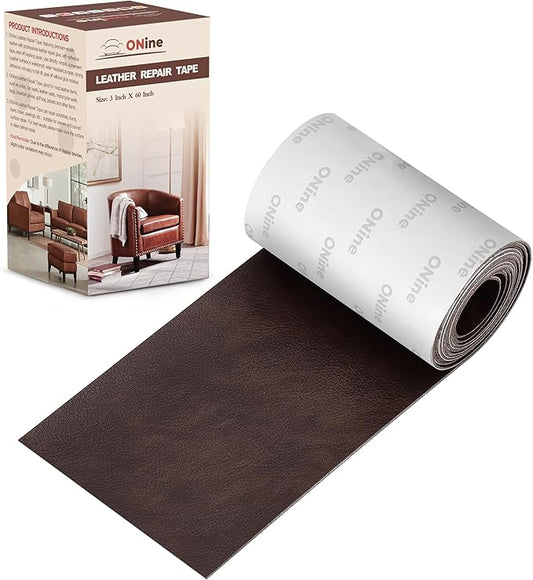 ONine Leather Repair Patch，Leather Repair Tape, 3 x 60 inches Leather Repair Patch for Furniture,Vinyl Repair Kit，Leather Couch Patch，for Sofas, Furniture, Car Seats, Office Chairs(Dark Brown)