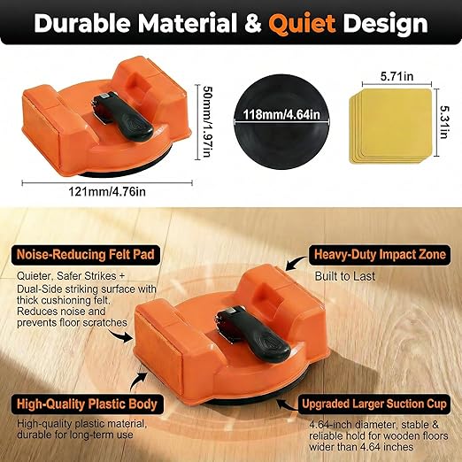 Floor Gap Fixer Kit – Heavy Duty Repair Tool with 180lb Suction Cup, Rubber Mallet & 5 Reusable Pads, Felt-Covered Dual Striking Surface for Laminate, Hardwood & Vinyl Plank Repairs
