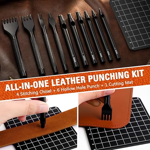 XOOL Leather Punch & Stitching Chisel Kit, Diamond Chisels & Hollow Hole Punch Set, 1–5mm & 4mm Prong Spacing, for Belt, Watch Strap & DIY Leather