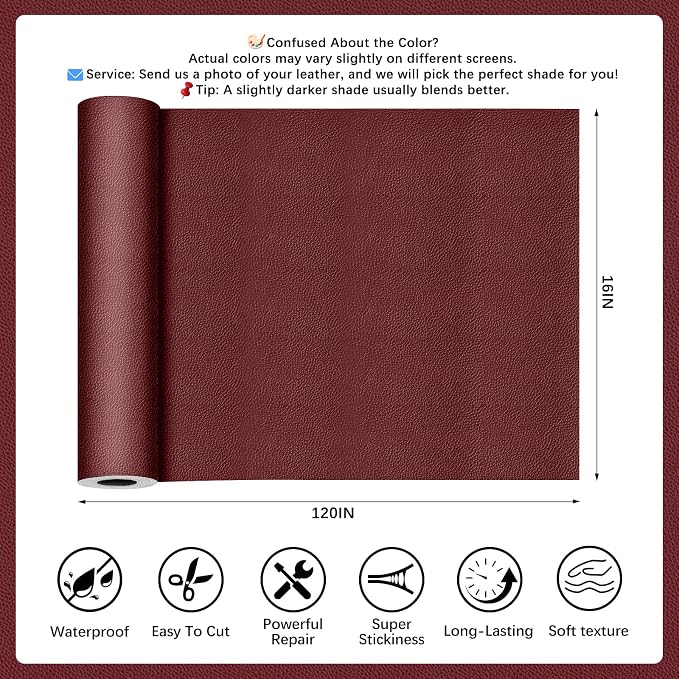 Burgundy Leather Repair Tape, 16x120 Inch Leather Repair Patch Self-Adhesive, Waterproof Faux Leather Patch, Vinyl Repair Tape for Couch, Sofas, Furniture, Office Chair, Car Seats
