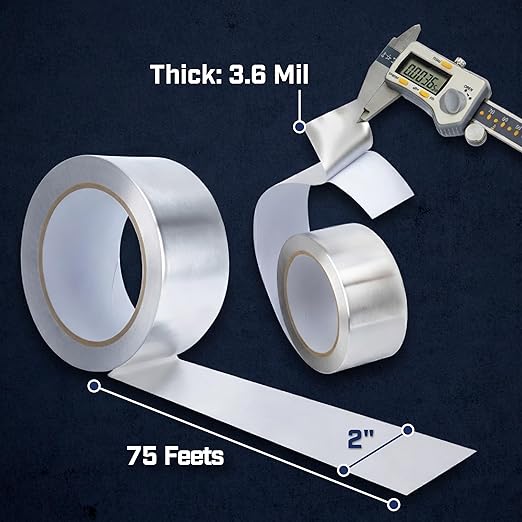 Bates- Aluminum Foil Tape, 2 Inch x 75 Feets, 3.6 Mil, HVAC Heat Tape for Ductwork, Dryer Vent, Air Conditioning, Furnace, Pipe Insulation, Waterproof, Flame, UV & Chemical Resistant
