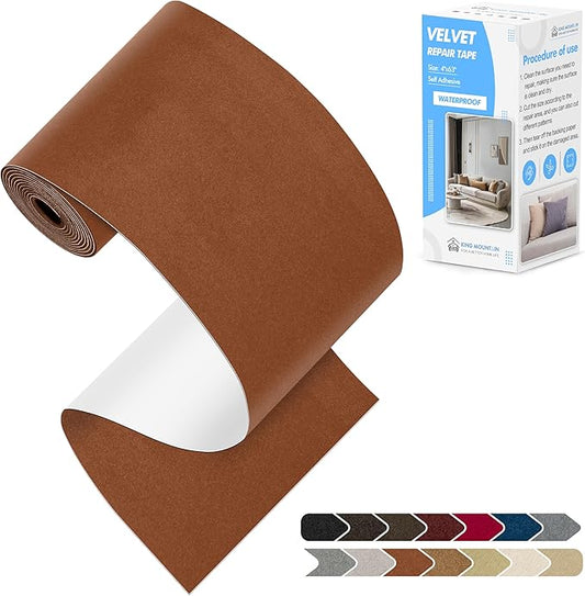 KING MOUNTAIN Couch Fabric Repair Patch, Fabric Patches for Furniture, 4" x 63" Waterproof Velvet Repair Tape for Sofas, Car Seats, Furniture, Upholstery Fabrics and Velvet Goods. （Light Brown）