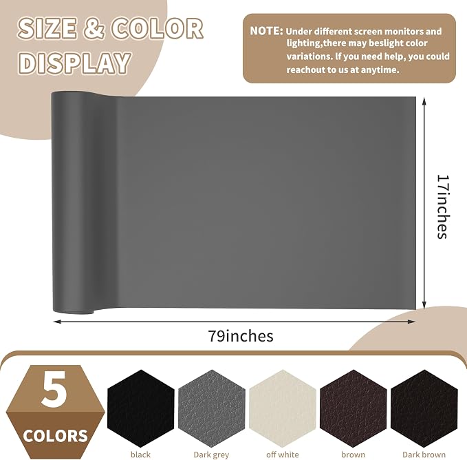 Leather Repair Patch,Self-Adhesive Leather,17X79inch,Self-Adhesive Waterproof,Scratch Resistant,DIY Large Patch for Sofas,Furniture,cabinets,Walls,Motorcycle Seats,car Seats (Dark Grey)