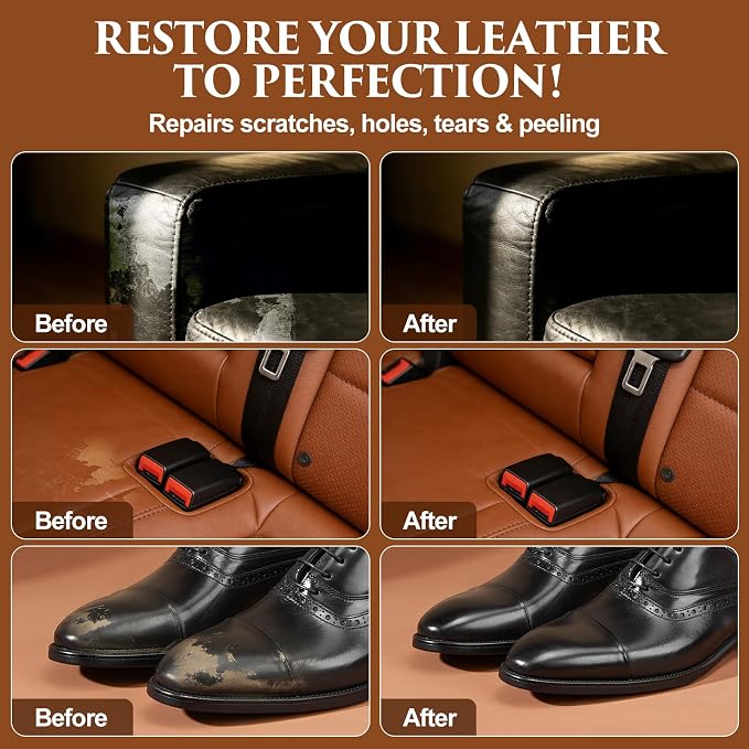 Leather Repair Kit for Furniture, Vinyl Repair Kit with Super Easy Instructions to Match Any Brown Color, Restore Any Glossy Leather Surface, Car Seats, Sofa, Jacket, and Purse