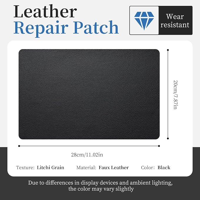 Fadoub Leather Repair Patch Tape Self-Adhesive, 8x11In Heavy Duty Vinyl Patch, Leather Repair Kit for Furniture, Sofa, Couch, Office Chair, Car Seat, Car Interior(Black)