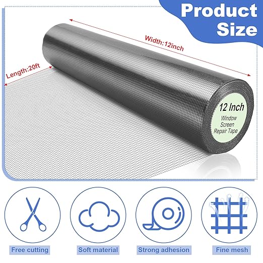 CroBlissful Extra Wide 12 Inch x 20 ft Window Screen Tape Mesh Repair Strong Adhesive Waterproof Fiberglass Screen Repair Kit Patch for Window Door Tears Holes(Gray)