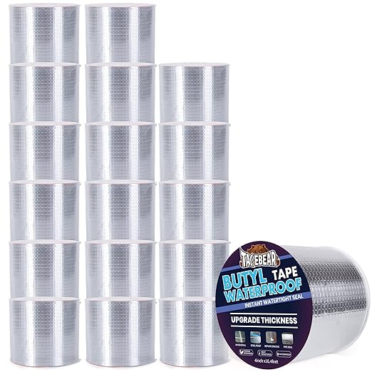 TAPEBEAR 18Rolls Extra Thicker Butyl Tape Waterproof 4inch x16feet, 51mil Aluminum Butyl Sealant Tape, Duct Sealing Adhesive for RV Roof Repair, Boat and Pipe Sealing, Metal, Roof Leak Patching