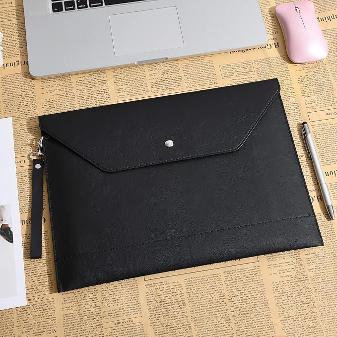 Wonderpool Envelope Case A4 PU Leather File Jacket Pocket Folder Document Case Bag with Removable Hand Strap and 4 Pocket for Documents Tablet Phone Stationery (Black)