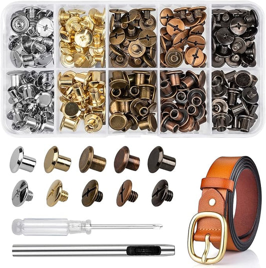 100 Sets Chicago Screws for Leather Crafting 7/20 Inch, 5 Colors of Rivets for Leather, Chicago Screws for DIY Leathercraft (Silver, Light Gold, Bronze, Antique Copper, GunMetel)