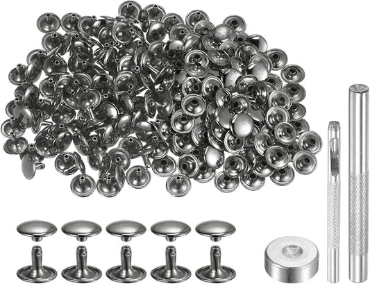 HARFINGTON 100 Sets Leather Rivets 10 x 12mm Metal Double Cap Rivet Snaps Studs Fasteners with 3pcs Setting Tools Rivets for Leather Craft DIY Repair Decoration, Gunmetal