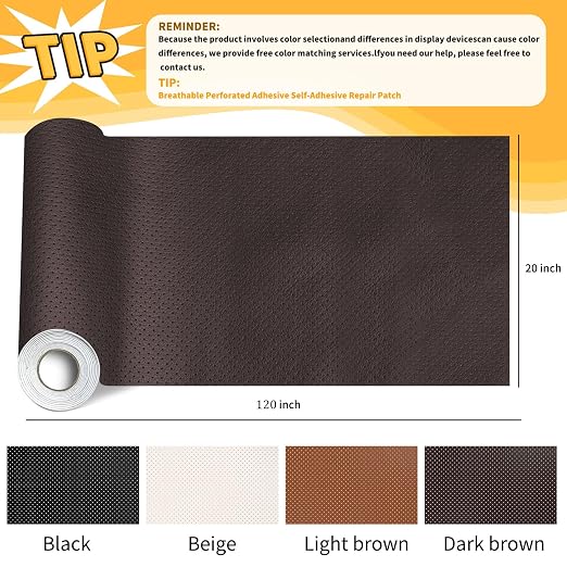 JuCheng Breathable Perforated Self-Adhesive Leather Repair Patch for Furniture, Couches, Car Seats, Office Chairs Faux Leather & Vinyl Repair Kit (Dark Brown, 20x120inch)