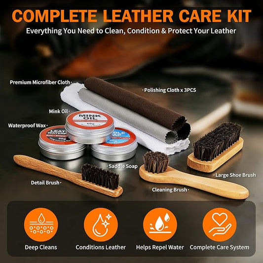 GleamGlee Leather Boot Care Kit, 10-Piece Cleaner & Conditioner Set | Full-Size Saddle Soap, Mink Oil & Waterproof Wax for a Richer Finish, Supple Feel & Everyday Protection