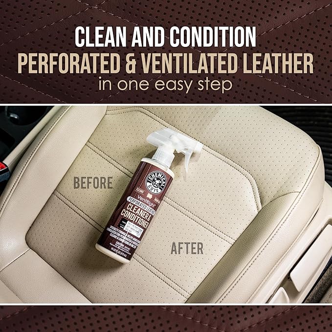 Chemical Guys Perforated Leather Cleaner and Microfiber Towel Bundle, VentRight Leather Cleaner Conditioner 16 oz with Gray Everyday Cleaning Towels 6 Pack for Car Interior Detailing