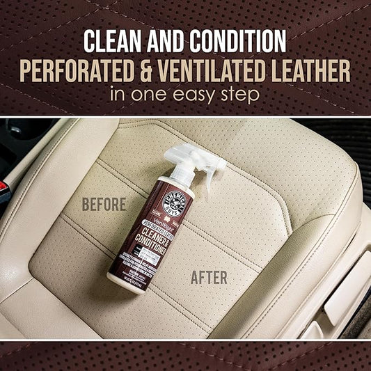 Chemical Guys Perforated Leather Cleaner and Microfiber Towel Bundle, VentRight Leather Cleaner Conditioner 16 oz with Gray Everyday Cleaning Towels 6 Pack for Car Interior Detailing