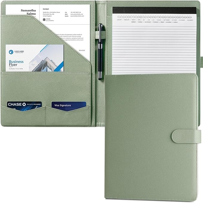 Mymazn Padfolio, Portfolio Folder, Legal Pad Holder, Resume Folder | Faux Leather Binder with Document Organizer, Business Card Holder, Letter-Size Notepad for Interview, Men & Women, Sage Green