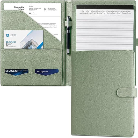 Mymazn Padfolio, Portfolio Folder, Legal Pad Holder, Resume Folder | Faux Leather Binder with Document Organizer, Business Card Holder, Letter-Size Notepad for Interview, Men & Women, Sage Green