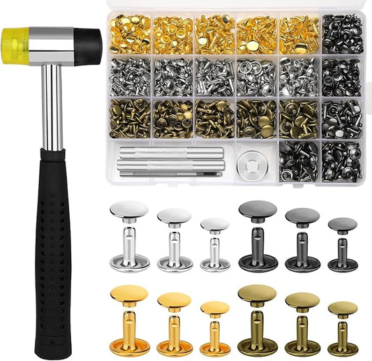TLKKUE 480 Sets Leather Rivets Kit 4 Colors Double Cap Rivets 3 Sizes Rivet for Leatherworking with Rubber Hammer Fixing Tool Kit 4 Pieces for DIY Leather Craft Clothes Shoes Decoration and Repair