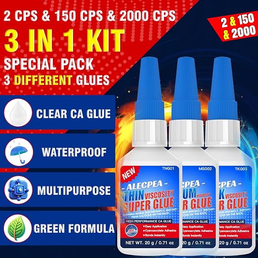 2/150/2000 CPS (Thin/Medium/Thick) CA Glue, Cyanoacrylate Super Glue Wood, Glass, Metal, Paper, Leather, Plastic, Ceramic, Rubber, Jewelry, Woodworking, Hobby Models, and Craft Project 60g(2oz)