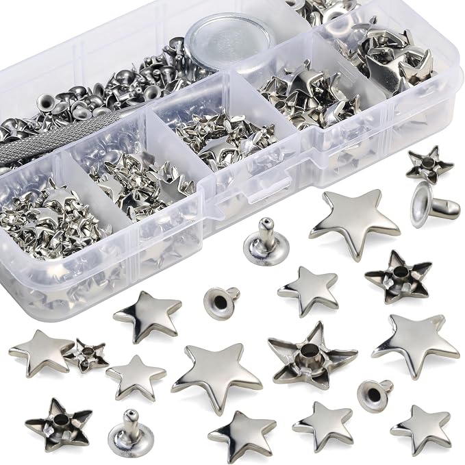 YORANYO 200 Sets Leather Rivets Kit Mixed Sizes Rivets for Leather Star Studs for Clothing Fabric Silver Rivets with Leather Crafting Rivet Tool for Repair Decorate Jackets Shoes Bags Belts Purse