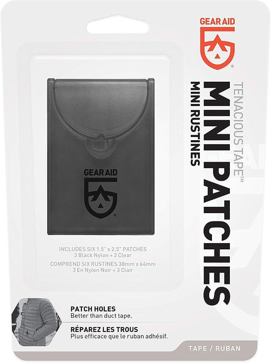 GEAR AID Tenacious Tape Mini Patches with Compact Pocket Case to Repair Holes and Tears in Micro Down Jackets, Vests, Tents, Rain Gear, and Outdoor Gear, 6 Patches (3 Clear, 3 Black)