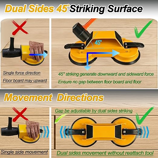 Floor Gap Fixing Tool, with Dual Heavy Duty 45°Striking Surface, Enhanced Suction Cups, 6X Sticky Pads, Rubber Mallet, Hook Tool, Works for Laminate, Vinyl, LVP, Wooden, Hardwood, Floor