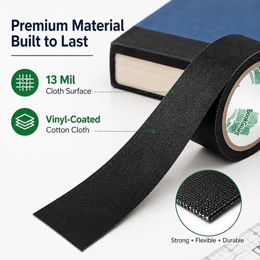 BookGuard Black Bookbinding Tape, 1-1/2 Inch x 15 Yards, 13 Mil Vinyl-Coated Cotton Cloth Book Repair Tape for Book Spine Repair, Library Books, School Books, Hymnals and Bibles