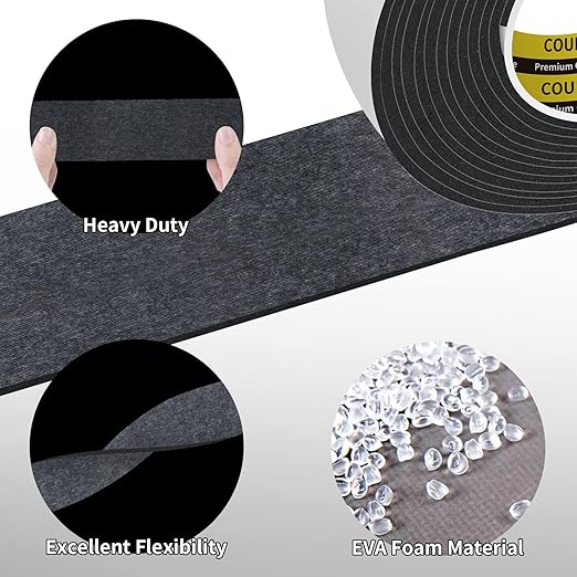Single-Sided Adhesive EVA Foam Tape 1.8in x16.4FT,Black Foam Weather Stripping,Door Seal & Window Insulation Tape,Waterproof Sound Proof Seal Strip for Doors,Windows,Garage Door & Gap Sealing