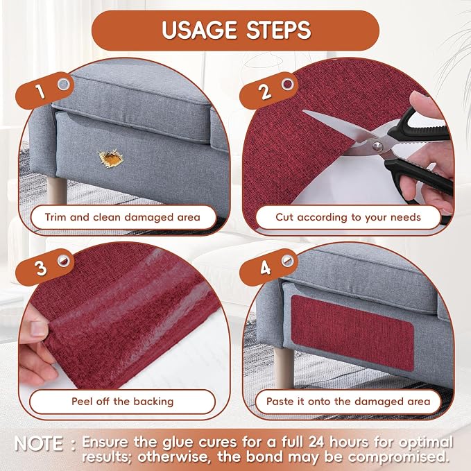 Linen Fabric Repair Tape 4.7x63 Inch, Self Adhesive Couch Patch Repair Fabric Tape for Furniture, Linen Patch Kit for Couch, Carpet, Upholstery, Chair, Sofa, Cushion, Bag (Burgundy)