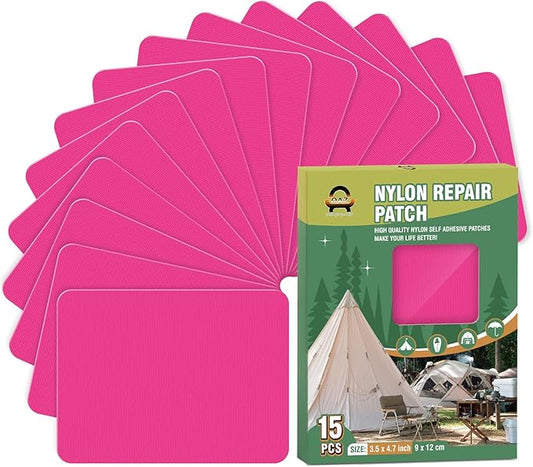 OAZ 15 Pieces 3.5 x 4.7 inch Nylon Repair Patches Nylon Fabric Patch Self-Adhesive Tent Repair Tape Waterproof Lightweight Repair Patches Repair Patch Kit for Clothing Down Jacket Bag (Dark Pink)