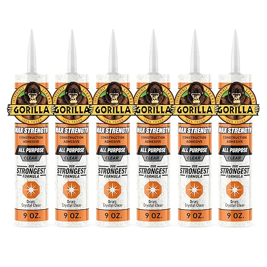 Gorilla Max Strength Clear Construction Adhesive, 9 Ounce Cartridge, Clear, (Pack of 6)