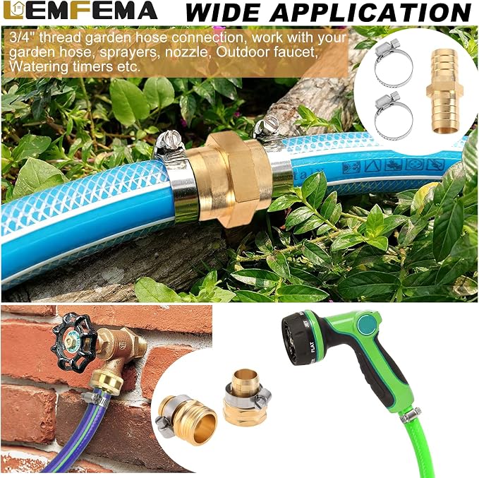 4 Sets 3/4 Inch Garden Hose Connector Solid Brass Repair Kit, Water Hose Mender Female and Male Water Hose Connector with Tape, Stainless Steel Clamp and Rubber Gasket