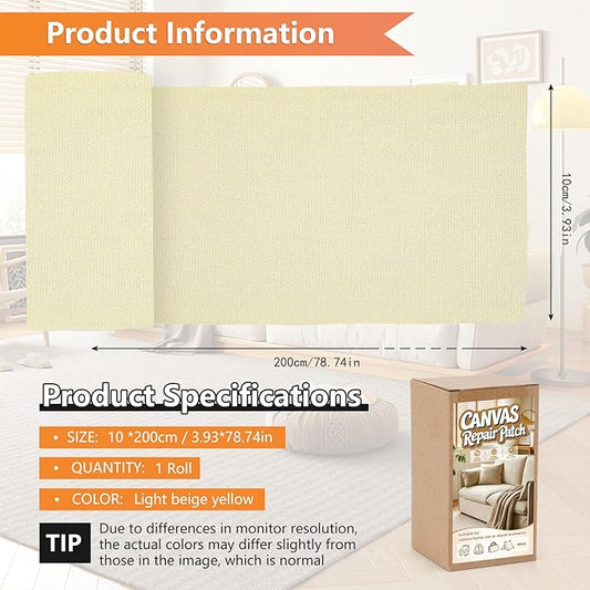 Fabric Repair Tape, 4x79 Inch Self-Adhesive Canvas Repair Patch, Fabric Patches for Clothes, Furniture, Handbag, Sofa, Tent, Boat Cover, Carpet (Light Beige-Yellow)