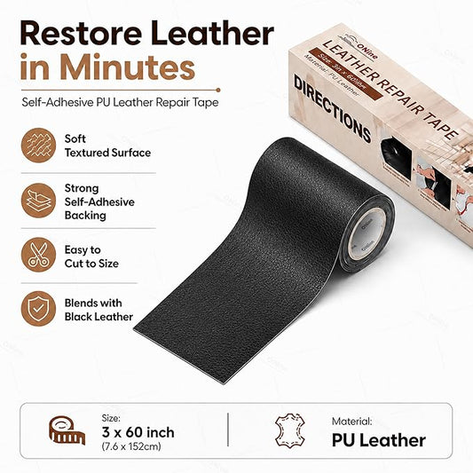 ONine Leather Repair Tape,Self Adhesive Leather Repair Patch,Leather Patches for Furniture,Sofa,Car Seats,Office Chair. Vinyl Repair Kit 3x60in (Black)