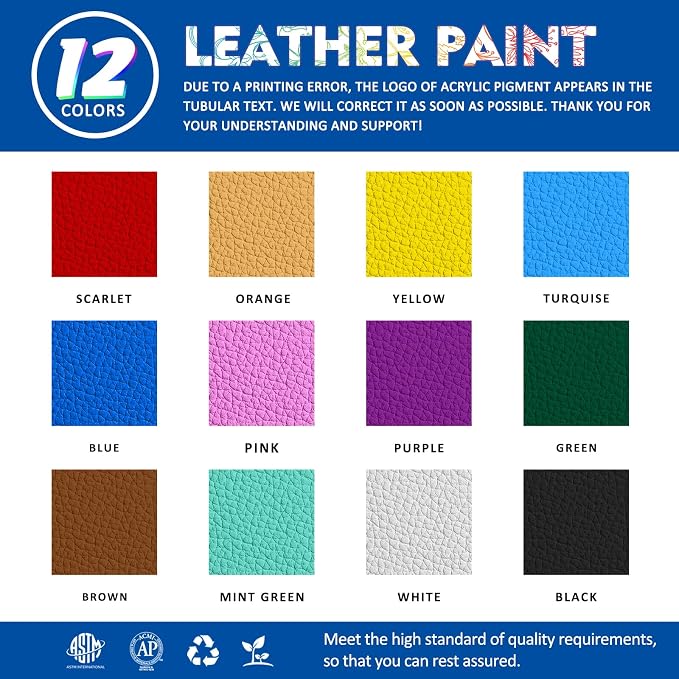 Colorful Acrylic Leather Paint for Shoe Painting- 12 Colors Leather Paint for Bag & Wallet Decor, Leather Jacket Care, Crafts DIY & Customizing Leather Projects
