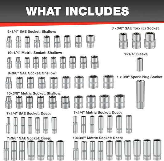 EACELIY 122Pcs 1/4" & 3/8” Drive Impact Socket Set, Ratchet Socket Wrench Set with Extention Bar, Adapter, Screw Bits,Drive Bit Holder, Spark Plug Socket,CR-V