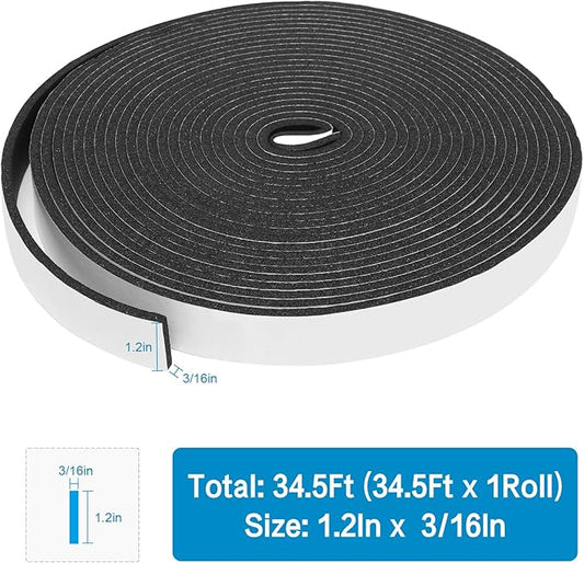 Foam Insulation Tape, 6/5In x 3/16In x 34.5Ft Weather Stripping Door Seal Strip for Doors and Windows,Sliding Door,Sound Proof Soundproofing Door Seal,Weatherstrip,Air Conditioning Seal Strip