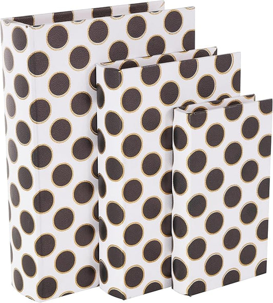 Deco 79 Faux Leather Decorative Box Faux Book Storage Book Shaped Boxes with Black and Gold Circle Patterns, Set of 3 Decorative Keepsake Boxes 13", 11", 9"H, White