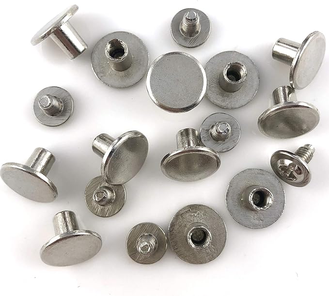 YORANYO 100 Sets Silver Color Round Flat Head Chicago Screws for Leather Chicago Rivets Kit Button Studs Leather Rivets Chicago Screw for Leather Crafting Clothing Shoes Belts Bags 25/64 Inch