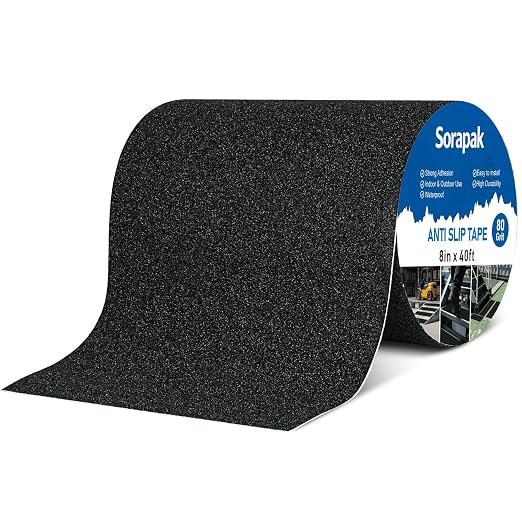 Heavy Duty 8in x 40ft Black Anti Slip Tape, 80 Grit Waterproof Non Skid Grip Tape Roll for Stairs, Ramps, Decks, Boat Decks, Floors, Warehouses & Outdoor Use