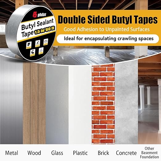 Bghdas - 1 Pack Butyl Sealant Tape 1 1/2" X 60' - Double Sided - Black Vapor Barrier Butyl Tape for Wall of Crawl Space, Rv Windows, Deck Boat, Crawlspace (Waterproof, Weatherproof)
